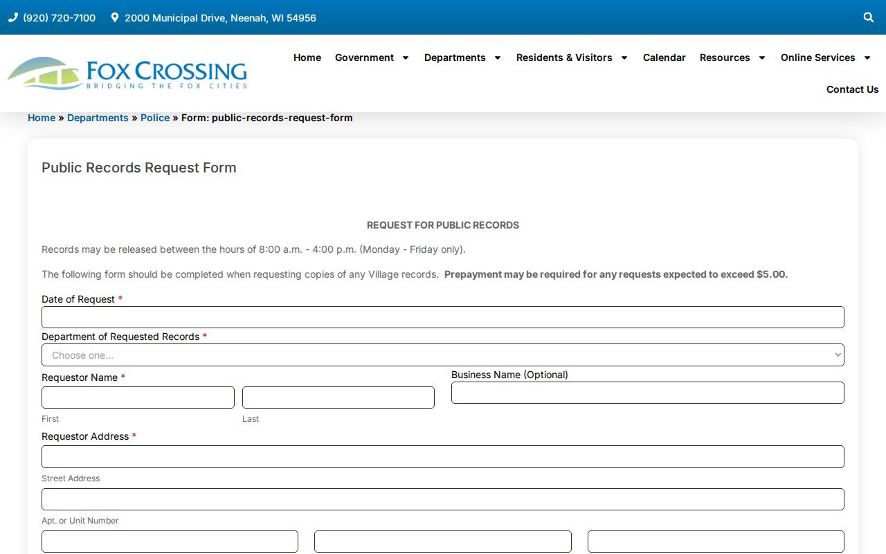 Official Fox Crossing Police Department public records request form