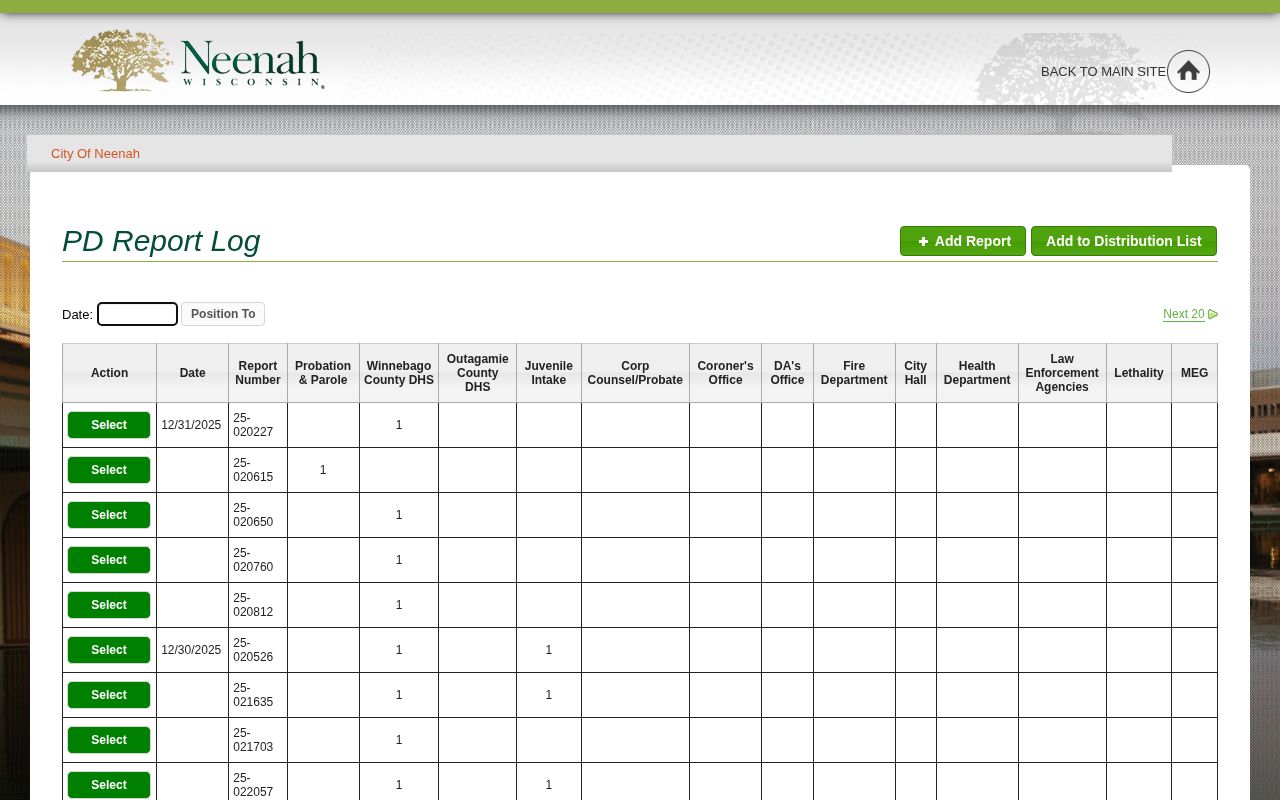 Official Neenah Police Department Report Log interface with report and distribution fields
