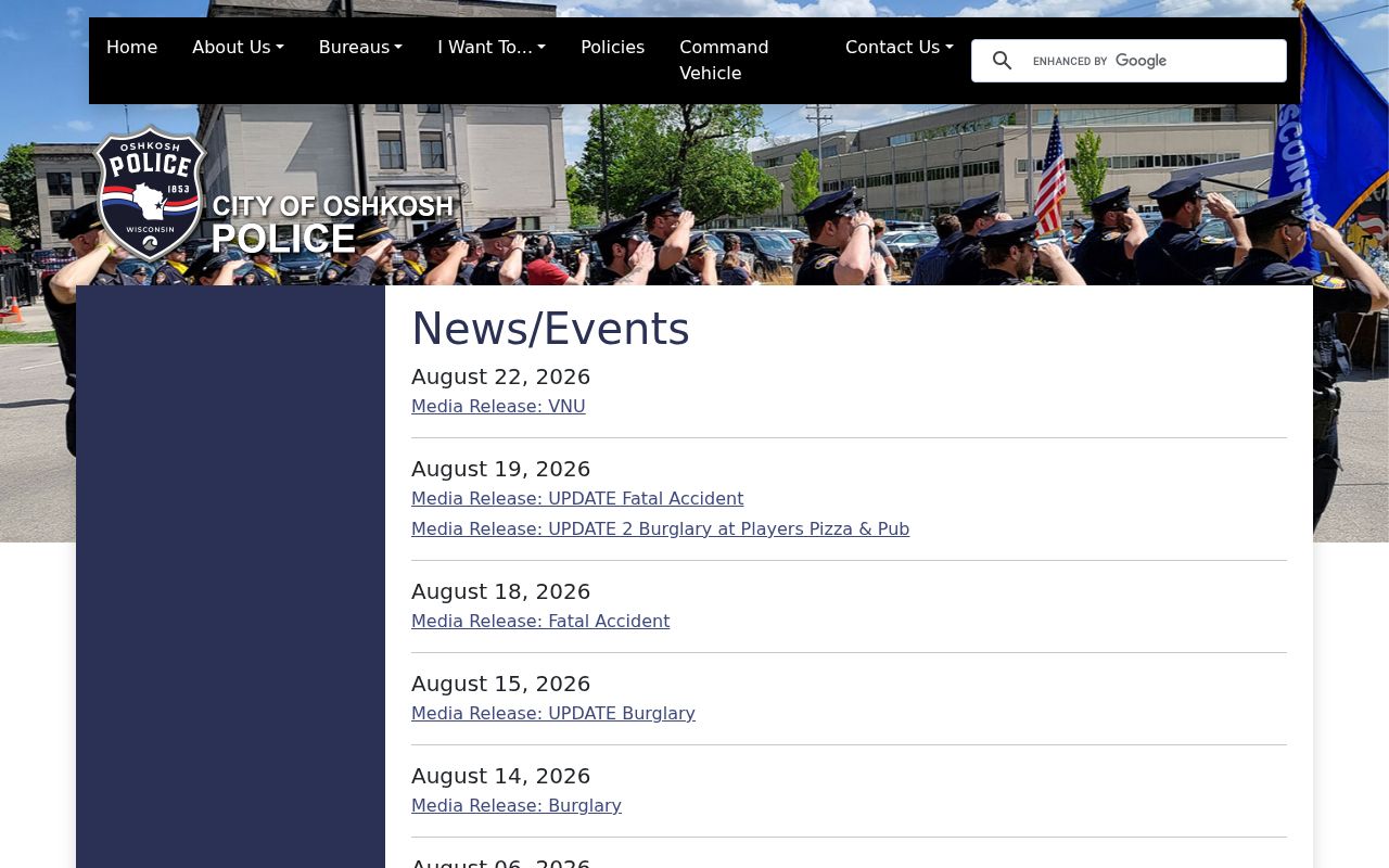 Winnebago County Oshkosh Police news and incident release index