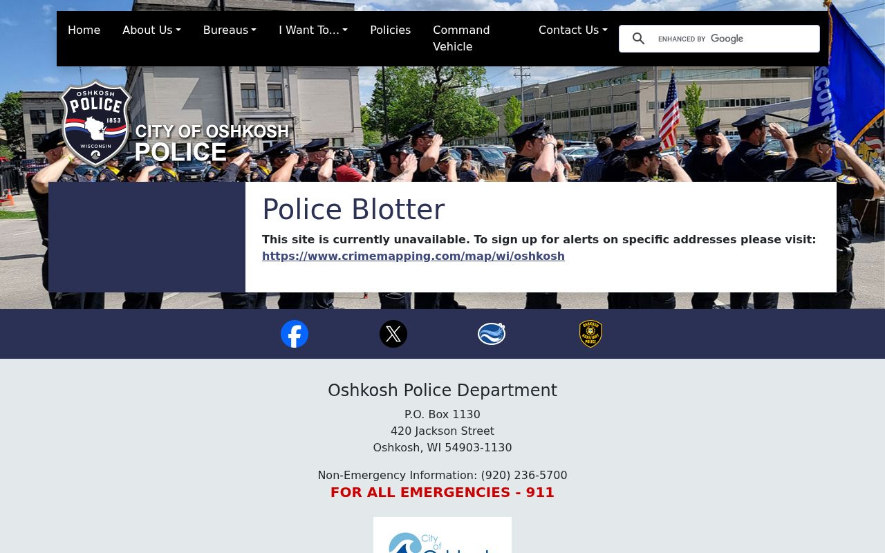 Official Oshkosh Police Blotter page stating that the legacy service is unavailable