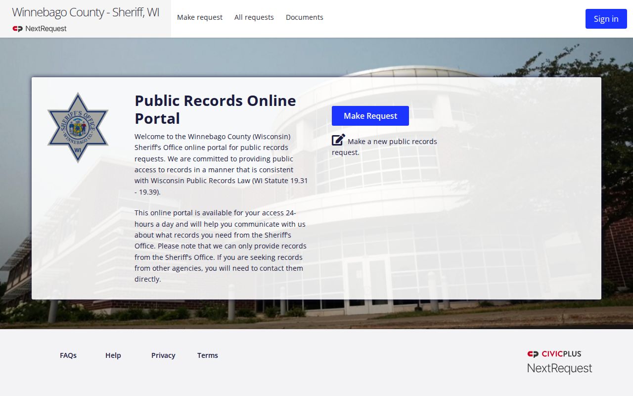 Winnebago County Sheriff NextRequest public-records portal