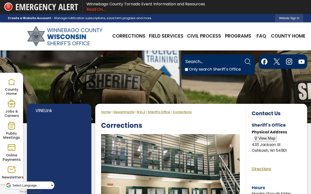 Winnebago County Corrections page with current inmate list and jail media blotter links